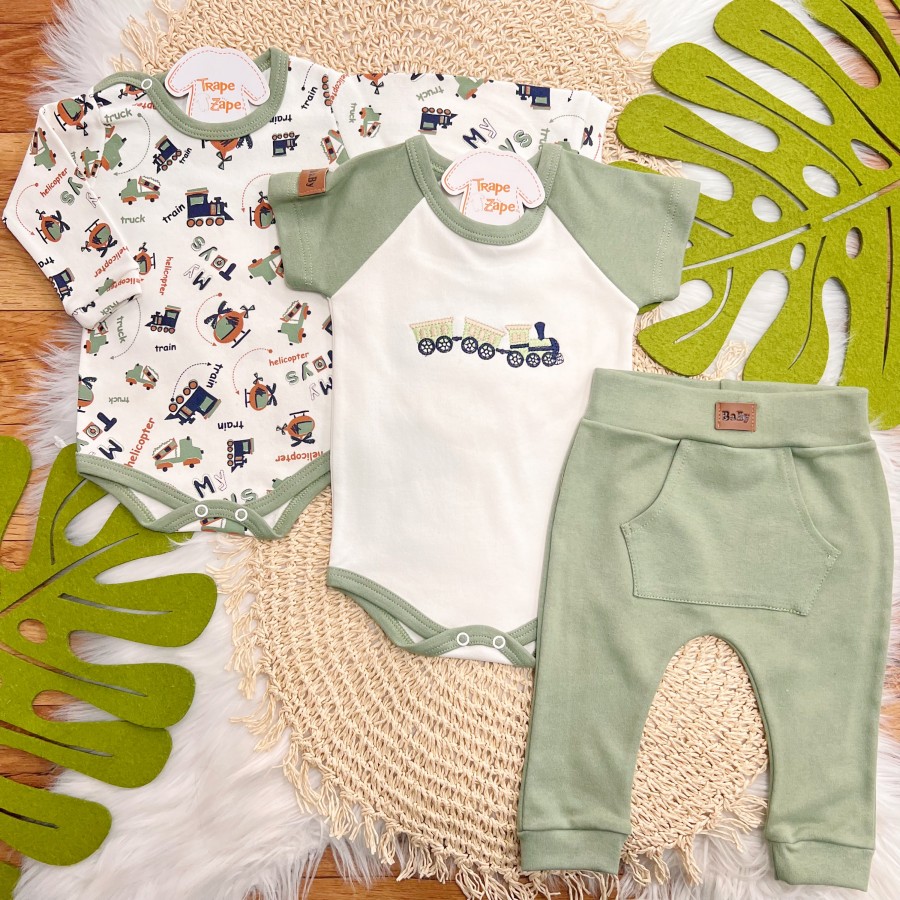 Conj. de Malha 3 peças - Trenzinho - Verde e Off White